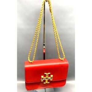 Tory Burch Red Leather Logo Clasp Flap Chain Strap Boxy Crossbody